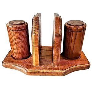 Oak Wood Napkin Holder Salt and Pepper Shaker Set Cornwall USA Vintage